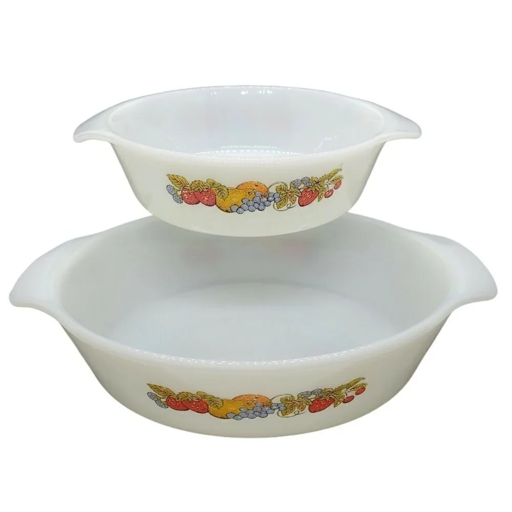 2 Vintage Anchor Hocking Fire King Casserole Dish Nature's Bounty Fruit Pattern